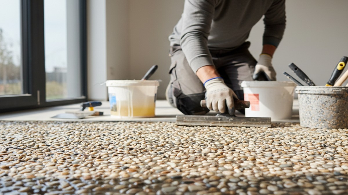 Ein Handwerker trägt in einem hellen Raum einen Steinteppichboden auf und glättet die Oberfläche mit einem Spachtel.